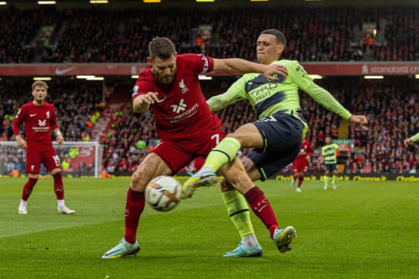 LIVERPOOL, ENGLAND - Sunday, October 16, 2022: Liverpool's James Milner (L) and Manchester City's Phil Foden during the FA Premier League match between Liverpool FC and Manchester City FC at Anfield. (Pic by David Rawcliffe/Propaganda)