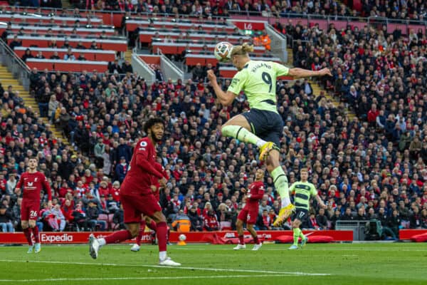 LIVERPOOL, ENGLAND - Sunday, October 16, 2022: Manchester City's Erling Haaland sees his header saved during the FA Premier League match between Liverpool FC and Manchester City FC at Anfield. (Pic by David Rawcliffe/Propaganda)