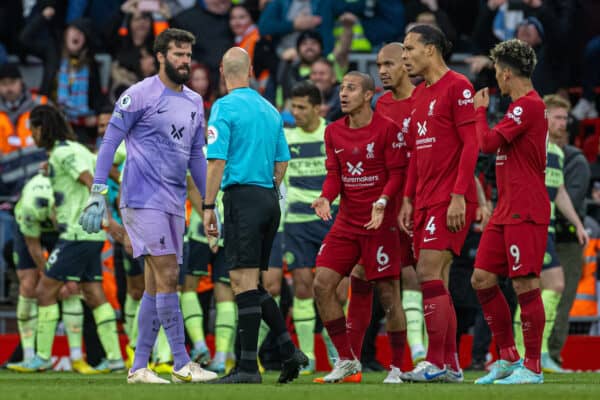 LIVERPOOL, ENGLAND - Sunday, October 16, 2022: Liverpool's goalkeeper Alisson Becker, Thiago Alcântara and Virgil van Dijk appeal to referee Anthony Taylor during the FA Premier League match between Liverpool FC and Manchester City FC at Anfield. (Pic by David Rawcliffe/Propaganda)