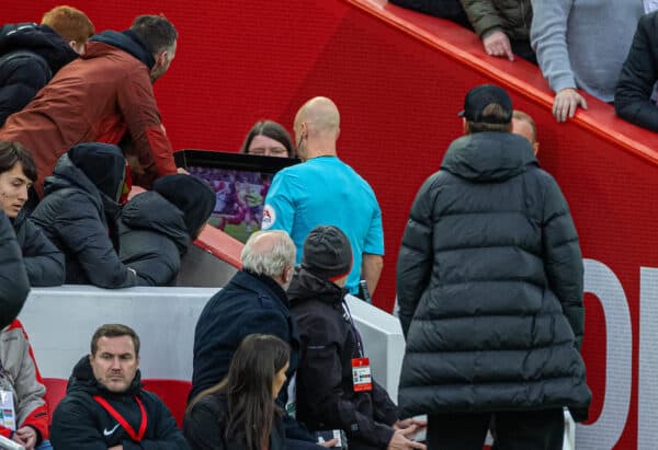 LIVERPOOL, ENGLAND - Sunday, October 16, 2022: Referee Anthony Taylor indicates a VAR review during the FA Premier League match between Liverpool FC and Manchester City FC at Anfield. (Pic by David Rawcliffe/Propaganda)