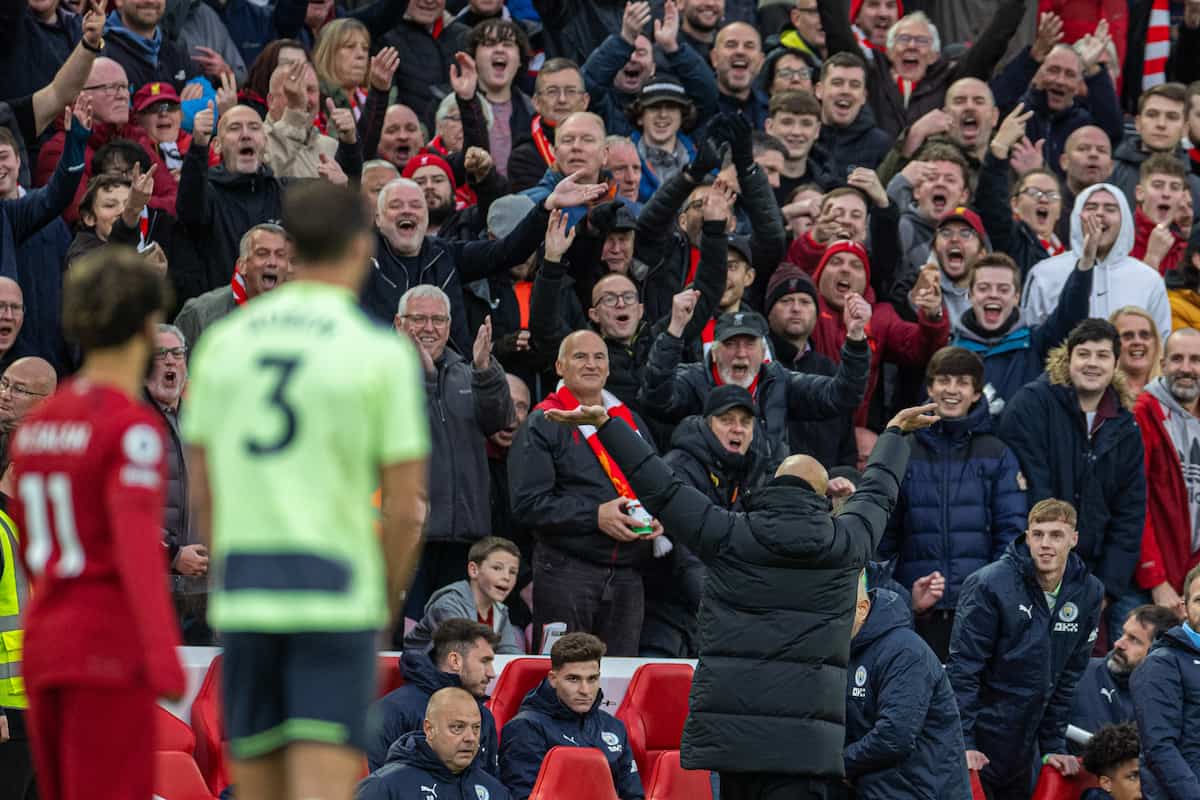 LIVERPOOL, ENGLAND - Sunday, October 16, 2022: Manchester City's manager Josep 'Pep' Guardiola reacts to Liverpool supporters during the FA Premier League match between Liverpool FC and Manchester City FC at Anfield. (Pic by David Rawcliffe/Propaganda)