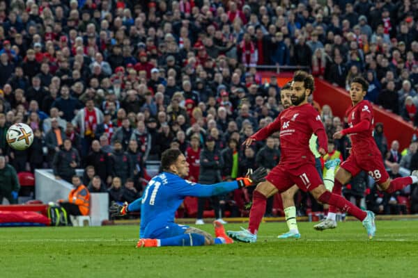 LIVERPOOL, ENGLAND - Sunday, October 16, 2022: Liverpool's Mohamed Salah scores the first goal during the FA Premier League match between Liverpool FC and Manchester City FC at Anfield. (Pic by David Rawcliffe/Propaganda)