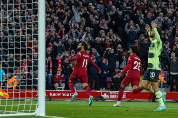 LIVERPOOL, ENGLAND - Sunday, October 16, 2022: Liverpool's Mohamed Salah celebrates after scoring the first goal during the FA Premier League match between Liverpool FC and Manchester City FC at Anfield. (Pic by David Rawcliffe/Propaganda)