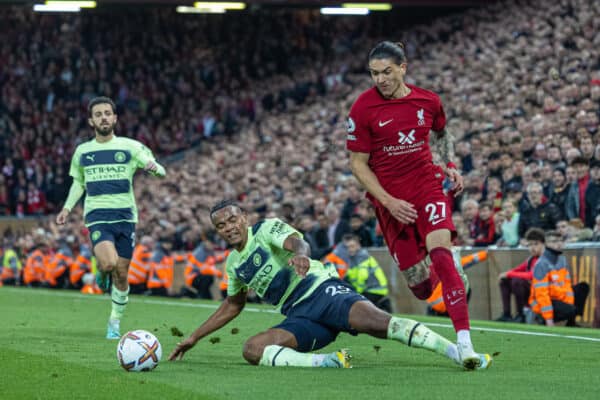 LIVERPOOL, ENGLAND - Sunday, October 16, 2022: Liverpool's Darwin Núñez during the FA Premier League match between Liverpool FC and Manchester City FC at Anfield. (Pic by David Rawcliffe/Propaganda)