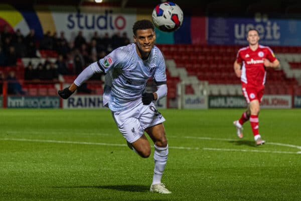 ACCRINGTON, ENGLAND - Tuesday, October 18, 2022: Liverpool's Melkamu Frauendorf during the English Football League Trophy Northern Group D match between Accrington Stanley FC and Liverpool FC Under-21's at the Crown Ground. (Pic by David Rawcliffe/Propaganda)