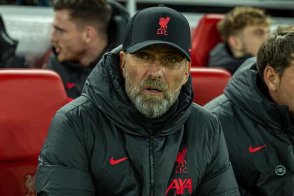 LIVERPOOL, ENGLAND - Wednesday, October 19, 2022: Liverpool's manager Jürgen Klopp during the FA Premier League match between Liverpool FC and West Ham United FC at Anfield. (Pic by David Rawcliffe/Propaganda)