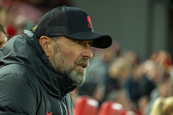 LIVERPOOL, ENGLAND - Wednesday, October 19, 2022: Liverpool's manager Jürgen Klopp during the FA Premier League match between Liverpool FC and West Ham United FC at Anfield. (Pic by David Rawcliffe/Propaganda)