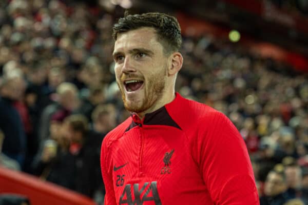 LIVERPOOL, ENGLAND - Wednesday, October 19, 2022: Liverpool's substitute Andy Robertson before the FA Premier League match between Liverpool FC and West Ham United FC at Anfield. (Pic by David Rawcliffe/Propaganda)