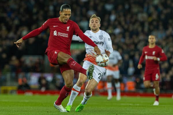 LIVERPOOL, ENGLAND - Wednesday, October 19, 2022: Liverpool's Virgil van Dijk (L) and West Ham United's Jarrod Bowen during the FA Premier League match between Liverpool FC and West Ham United FC at Anfield. (Pic by David Rawcliffe/Propaganda)