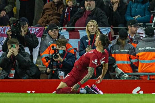 LIVERPOOL, ENGLAND - Wednesday, October 19, 2022: Liverpool's Darwin Núñez celebrates after scoring the first goal during the FA Premier League match between Liverpool FC and West Ham United FC at Anfield. (Pic by David Rawcliffe/Propaganda)