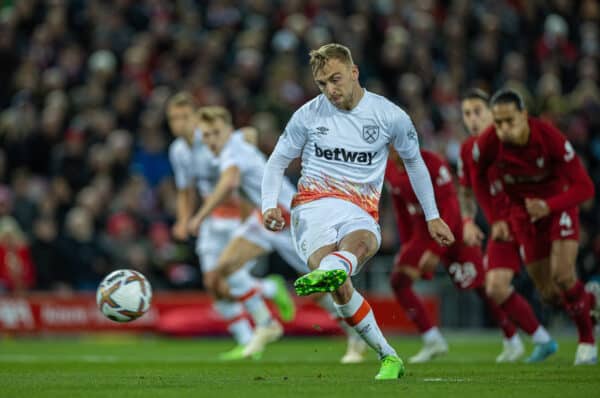 LIVERPOOL, ENGLAND - Wednesday, October 19, 2022: West Ham United's Jarrod Bowen sees his penalty kick saved during the FA Premier League match between Liverpool FC and West Ham United FC at Anfield. (Pic by David Rawcliffe/Propaganda)