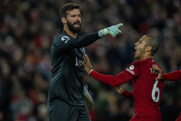 LIVERPOOL, ENGLAND - Wednesday, October 19, 2022: Liverpool's goalkeeper Alisson Becker reacts after saving a penalty during the FA Premier League match between Liverpool FC and West Ham United FC at Anfield. (Pic by David Rawcliffe/Propaganda)