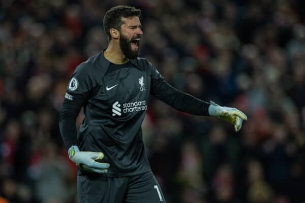 LIVERPOOL, ENGLAND - Wednesday, October 19, 2022: Liverpool's goalkeeper Alisson Becker reacts after saving a penalty during the FA Premier League match between Liverpool FC and West Ham United FC at Anfield. (Pic by David Rawcliffe/Propaganda)