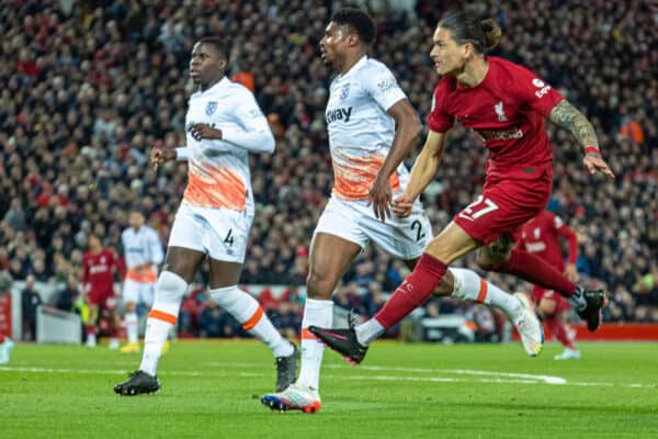 LIVERPOOL, ENGLAND - Wednesday, October 19, 2022: Liverpool's Darwin Núñez shoots during the FA Premier League match between Liverpool FC and West Ham United FC at Anfield. (Pic by David Rawcliffe/Propaganda)