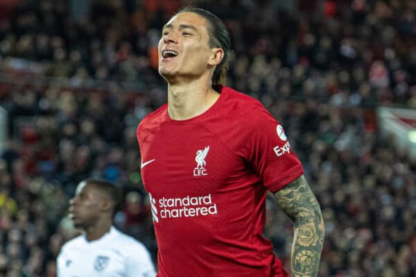 LIVERPOOL, ENGLAND - Wednesday, October 19, 2022: Liverpool's Darwin Núñez during the FA Premier League match between Liverpool FC and West Ham United FC at Anfield. (Pic by David Rawcliffe/Propaganda)