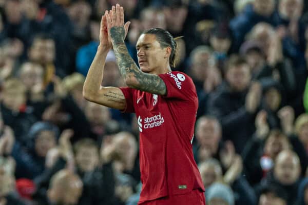 LIVERPOOL, ENGLAND - Wednesday, October 19, 2022: Liverpool's goal-scorer Darwin Núñez applauds the supporters as he is substituted during the FA Premier League match between Liverpool FC and West Ham United FC at Anfield. (Pic by David Rawcliffe/Propaganda)