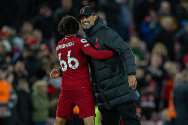 LIVERPOOL, ENGLAND - Wednesday, October 19, 2022: Liverpool's manager Jürgen Klopp (R) embraces Trent Alexander-Arnold after the FA Premier League match between Liverpool FC and West Ham United FC at Anfield. Liverpool won 1-0. (Pic by David Rawcliffe/Propaganda)