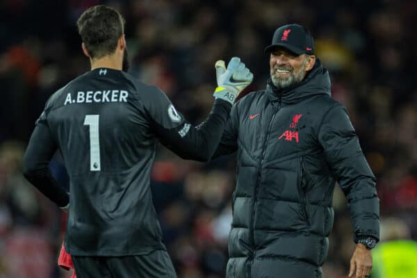 LIVERPOOL, ENGLAND - Wednesday, October 19, 2022: Liverpool's manager Jürgen Klopp (R) embraces goalkeeper Alisson Becker after the FA Premier League match between Liverpool FC and West Ham United FC at Anfield. Liverpool won 1-0. (Pic by David Rawcliffe/Propaganda)