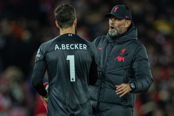 LIVERPOOL, ENGLAND - Wednesday, October 19, 2022: Liverpool's manager Jürgen Klopp (R) embraces goalkeeper Alisson Becker after the FA Premier League match between Liverpool FC and West Ham United FC at Anfield. Liverpool won 1-0. (Pic by David Rawcliffe/Propaganda)