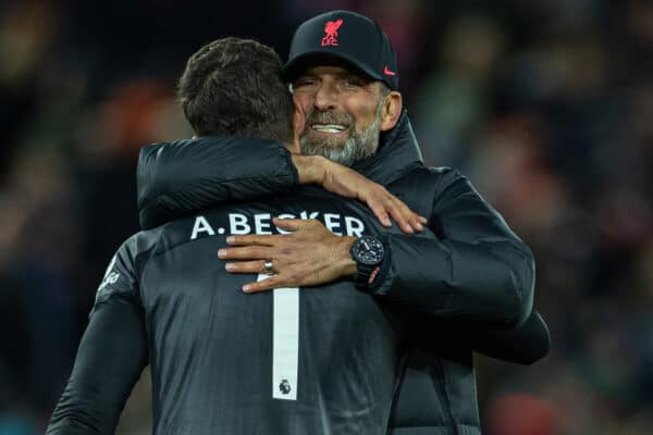 LIVERPOOL, ENGLAND - Wednesday, October 19, 2022: Liverpool's manager Jürgen Klopp (R) embraces goalkeeper Alisson Becker after the FA Premier League match between Liverpool FC and West Ham United FC at Anfield. Liverpool won 1-0. (Pic by David Rawcliffe/Propaganda)