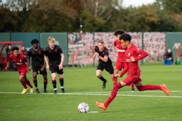 KIRKBY, ENGLAND - Saturday, October 22, 2022: Liverpool's Trent Kone-Doherty misses from the penalty spot but scores the follow up during the Under-18 Premier League match between Liverpool FC Under-18's and Stoke City FC Under-18's at the Liverpool Academy. (Pic by Jessica Hornby/Propaganda)