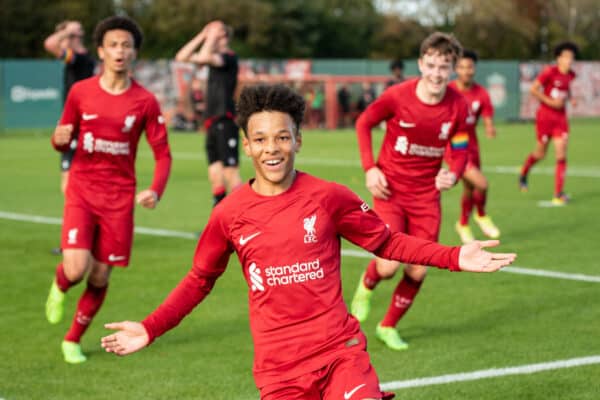 KIRKBY, ENGLAND - Saturday, October 22, 2022: Liverpool's Trent Kone-Doherty celebrates scoring the third goal during the Under-18 Premier League match between Liverpool FC Under-18's and Stoke City FC Under-18's at the Liverpool Academy. (Pic by Jessica Hornby/Propaganda)