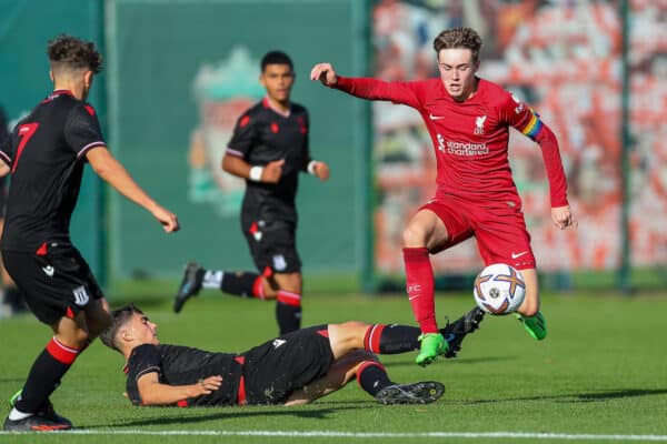 KIRKBY, ENGLAND - Saturday, October 22, 2022: Liverpool's captain Tommy Pilling during the Under-18 Premier League match between Liverpool FC Under-18's and Stoke City FC Under-18's at the Liverpool Academy. (Pic by Jessica Hornby/Propaganda)