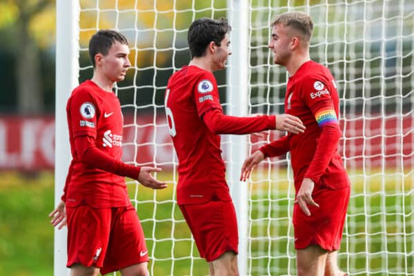 KIRKBY, ENGLAND - Saturday, October 22, 2022: Liverpool's captain Jake Cain (R) celebrates scoring his sides first goal with team-mates making the score 1-1 during the Premier League 2 Division 1 match between Liverpool FC Under-21's and Everton FC Under-21's, the Mini Merseyside Derby, at the Liverpool Academy. (Pic by Jessica Hornby/Propaganda)