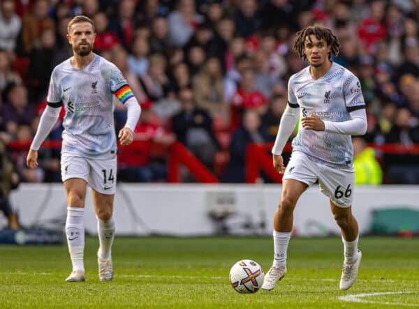 NOTTINGHAM, ENGLAND - Saturday, October 22, 2022: Liverpool substitutes captain Jordan Henderson (L) and Trent Alexander-Arnold during the FA Premier League match between Nottingham Forest FC and Liverpool FC at the City Ground. (Pic by David Rawcliffe/Propaganda)