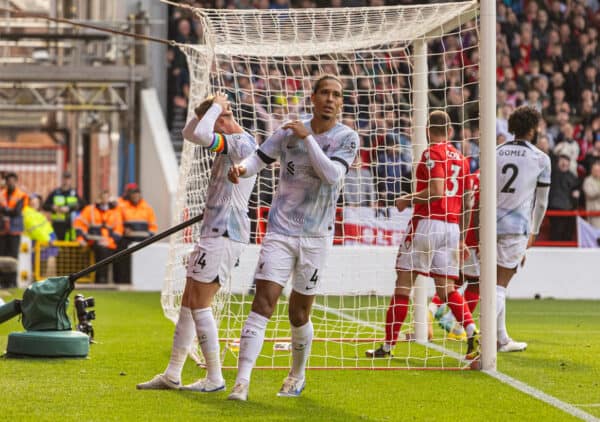 NOTTINGHAM, ENGLAND - Saturday, October 22, 2022: Liverpool's Virgil van Dijk (C) and captain Jordan Henderson (L) look dejected after a missed chance during the FA Premier League match between Nottingham Forest FC and Liverpool FC at the City Ground. (Pic by David Rawcliffe/Propaganda)