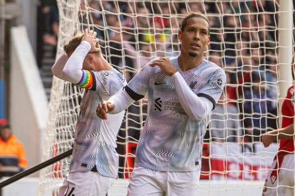 NOTTINGHAM, ENGLAND - Saturday, October 22, 2022: Liverpool's Virgil van Dijk (C) and captain Jordan Henderson (L) look dejected after a missed chance during the FA Premier League match between Nottingham Forest FC and Liverpool FC at the City Ground. (Pic by David Rawcliffe/Propaganda)