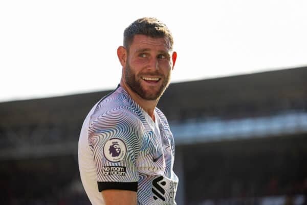 NOTTINGHAM, ENGLAND - Saturday, October 22, 2022: Liverpool's James Milner reacts with a smile as he's called a "Cheating Scouse Bastard" a Nottingham Forest supporter during the FA Premier League match between Nottingham Forest FC and Liverpool FC at the City Ground. (Pic by David Rawcliffe/Propaganda)