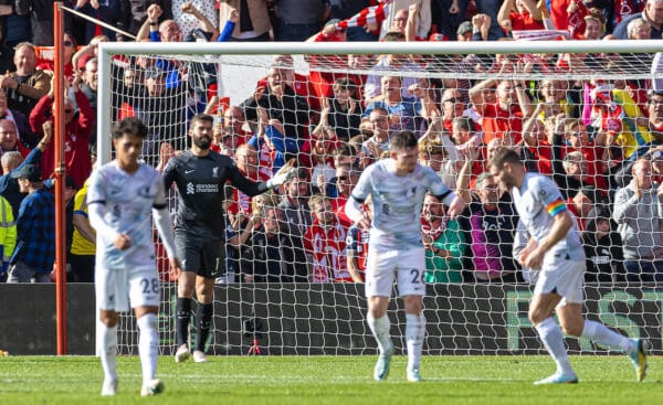 NOTTINGHAM, ENGLAND - Saturday, October 22, 2022: Liverpool's goalkeeper Alisson Becker looks dejected as Nottingham Forest score the first goal during the FA Premier League match between Nottingham Forest FC and Liverpool FC at the City Ground. (Pic by David Rawcliffe/Propaganda)