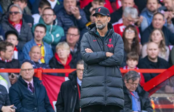 NOTTINGHAM, ENGLAND - Saturday, October 22, 2022: Liverpool's manager Jürgen Klopp during the FA Premier League match between Nottingham Forest FC and Liverpool FC at the City Ground. (Pic by David Rawcliffe/Propaganda)