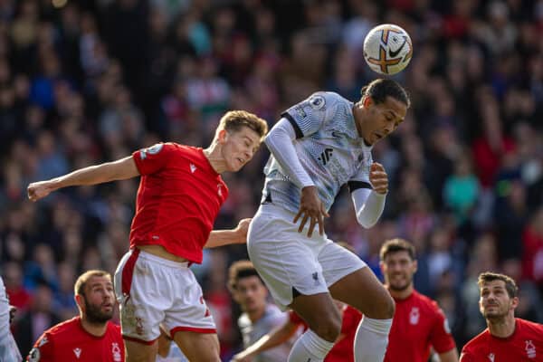 NOTTINGHAM, ENGLAND - Saturday, October 22, 2022: Liverpool's Virgil van Dijk (R) during the FA Premier League match between Nottingham Forest FC and Liverpool FC at the City Ground. (Pic by David Rawcliffe/Propaganda)