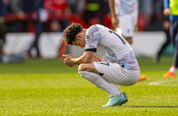 NOTTINGHAM, ENGLAND - Saturday, October 22, 2022: Liverpool's Curtis Jones looks dejected at the final whistle during the FA Premier League match between Nottingham Forest FC and Liverpool FC at the City Ground. (Pic by David Rawcliffe/Propaganda)