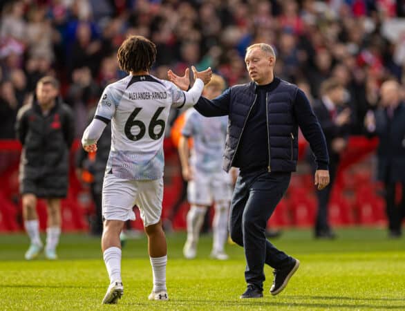 NOTTINGHAM, ENGLAND - Saturday, October 22, 2022: Liverpool's Trent Alexander-Arnold (L) shakes hands with Nottingham Forest's manager Steve Cooper after the FA Premier League match between Nottingham Forest FC and Liverpool FC at the City Ground. (Pic by David Rawcliffe/Propaganda)