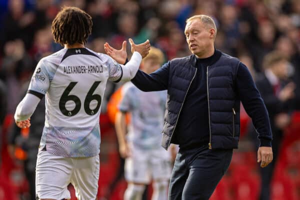 NOTTINGHAM, ENGLAND - Saturday, October 22, 2022: Liverpool's Trent Alexander-Arnold (L) shakes hands with Nottingham Forest's manager Steve Cooper after the FA Premier League match between Nottingham Forest FC and Liverpool FC at the City Ground. (Pic by David Rawcliffe/Propaganda)