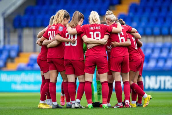 BIRKENHEAD, ENGLAND - Sunday, October 23, 2022: Liverpool team huddle before the FA Women’s Super League game between Liverpool FC Women and Arsenal FC Women at Prenton Park. (Pic by Jessica Hornby/Propaganda)