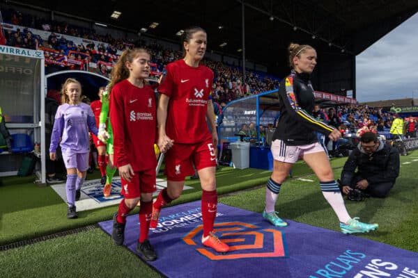 BIRKENHEAD, ENGLAND - Sunday, October 23, 2022: Liverpool's captain Niamh Fahey leads her side out before the FA Women’s Super League game between Liverpool FC Women and Arsenal FC Women at Prenton Park. (Pic by David Rawcliffe/Propaganda)