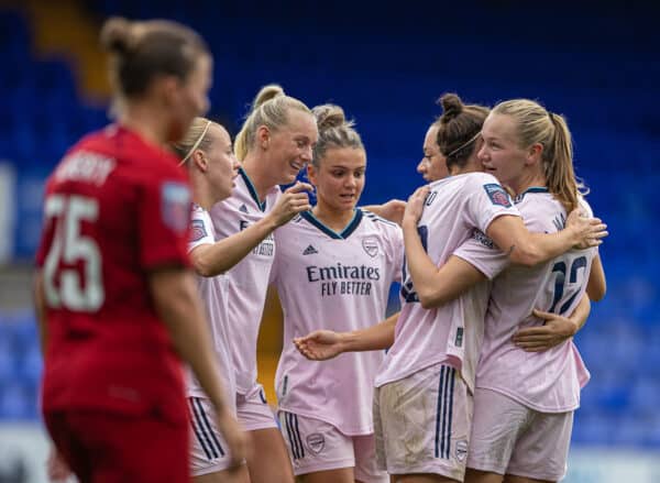 BIRKENHEAD, ENGLAND - Sunday, October 23, 2022: Arsenal's Frida Maanum (R) celebrates after scoring the second goal during the FA Women’s Super League game between Liverpool FC Women and Arsenal FC Women at Prenton Park. (Pic by David Rawcliffe/Propaganda)