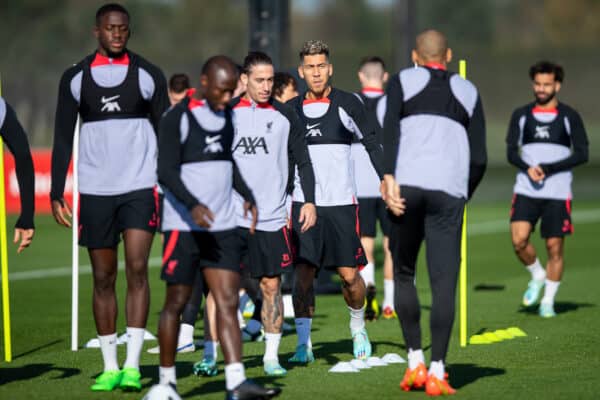 LIVERPOOL, ENGLAND - Tuesday, October 25, 2022: Liverpool's Roberto Firmino (C) during a training session at the AXA Training Centre ahead of the UEFA Champions League Group A matchday 5 game between AFC Ajax and Liverpool FC. (Pic by Jessica Hornby/Propaganda)