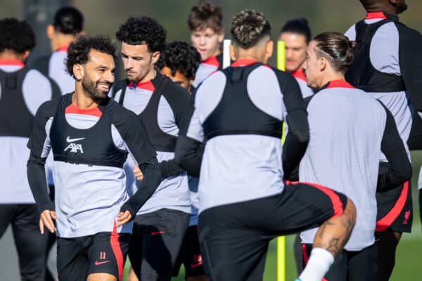 LIVERPOOL, ENGLAND - Tuesday, October 25, 2022: Liverpool's Mohamed Salah (L) during a training session at the AXA Training Centre ahead of the UEFA Champions League Group A matchday 5 game between AFC Ajax and Liverpool FC. (Pic by Jessica Hornby/Propaganda)