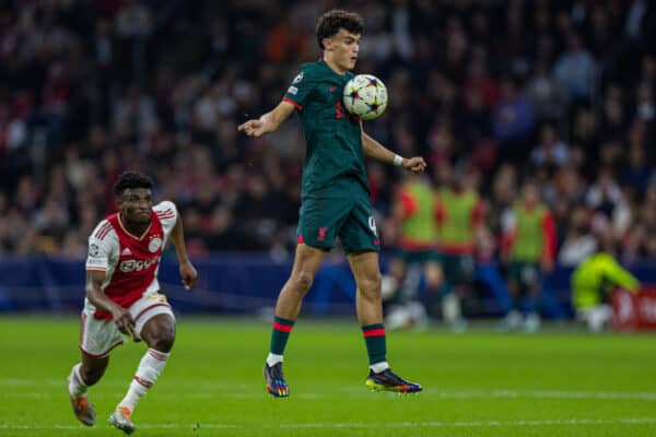 AMSTERDAM, THE NETHERLANDS - Wednesday, October 26, 2022: Liverpool's Stefan Bajcetic during the UEFA Champions League Group A matchday 5 game between AFC Ajax and Liverpool FC at the Amsterdam Arena. (Pic by David Rawcliffe/Propaganda)