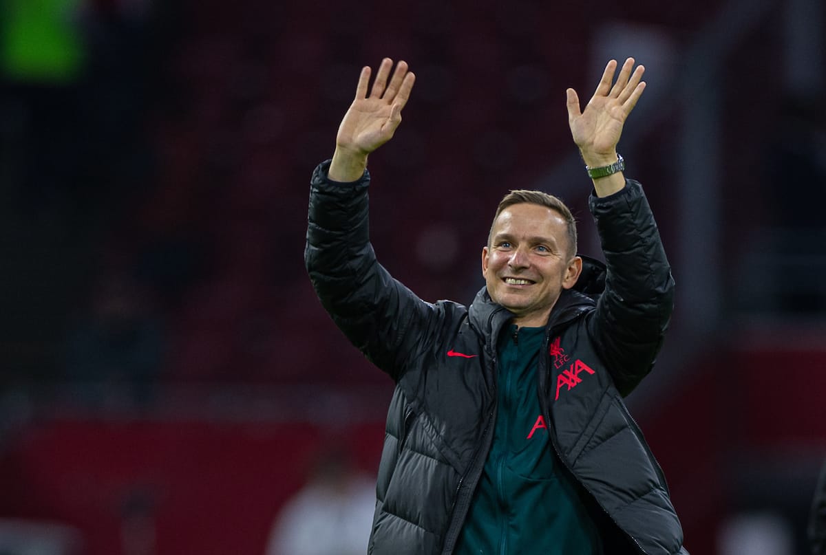 AMSTERDAM, THE NETHERLANDS - Wednesday, October 26, 2022: Liverpool's first-team development coach Pepijn Lijnders celebrates after the UEFA Champions League Group A matchday 5 game between AFC Ajax and Liverpool FC at the Amsterdam Arena. Liverpool won 3-0. (Pic by David Rawcliffe/Propaganda)