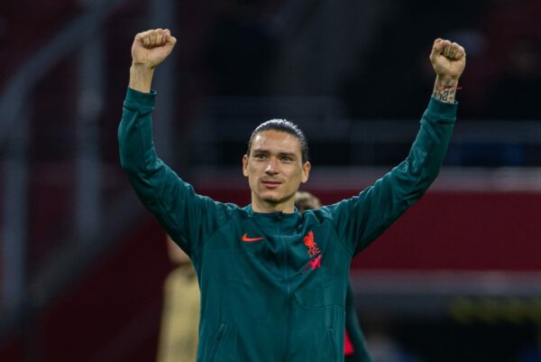 AMSTERDAM, THE NETHERLANDS - Wednesday, October 26, 2022: Liverpool's Darwin Núñez celebrates after the UEFA Champions League Group A matchday 5 game between AFC Ajax and Liverpool FC at the Amsterdam Arena. Liverpool won 3-0. (Pic by David Rawcliffe/Propaganda)