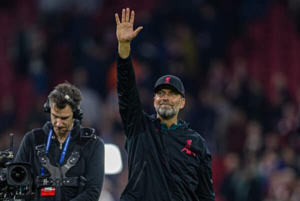 AMSTERDAM, THE NETHERLANDS - Wednesday, October 26, 2022: Liverpool's manager Jürgen Klopp celebrates after the UEFA Champions League Group A matchday 5 game between AFC Ajax and Liverpool FC at the Amsterdam Arena. Liverpool won 3-0. (Pic by David Rawcliffe/Propaganda)