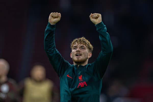 AMSTERDAM, THE NETHERLANDS - Wednesday, October 26, 2022: Liverpool's Harvey Elliott celebrates after the UEFA Champions League Group A matchday 5 game between AFC Ajax and Liverpool FC at the Amsterdam Arena. Liverpool won 3-0. (Pic by David Rawcliffe/Propaganda)