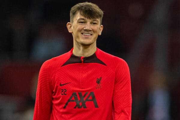 AMSTERDAM, THE NETHERLANDS - Wednesday, October 26, 2022: Liverpool's Calvin Ramsay during the pre-match warm-up before the UEFA Champions League Group A matchday 5 game between AFC Ajax and Liverpool FC at the Amsterdam Arena. (Pic by David Rawcliffe/Propaganda)