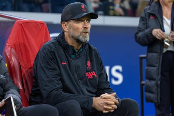 AMSTERDAM, THE NETHERLANDS - Wednesday, October 26, 2022: Liverpool's manager Jürgen Klopp during the UEFA Champions League Group A matchday 5 game between AFC Ajax and Liverpool FC at the Amsterdam Arena. (Pic by David Rawcliffe/Propaganda)